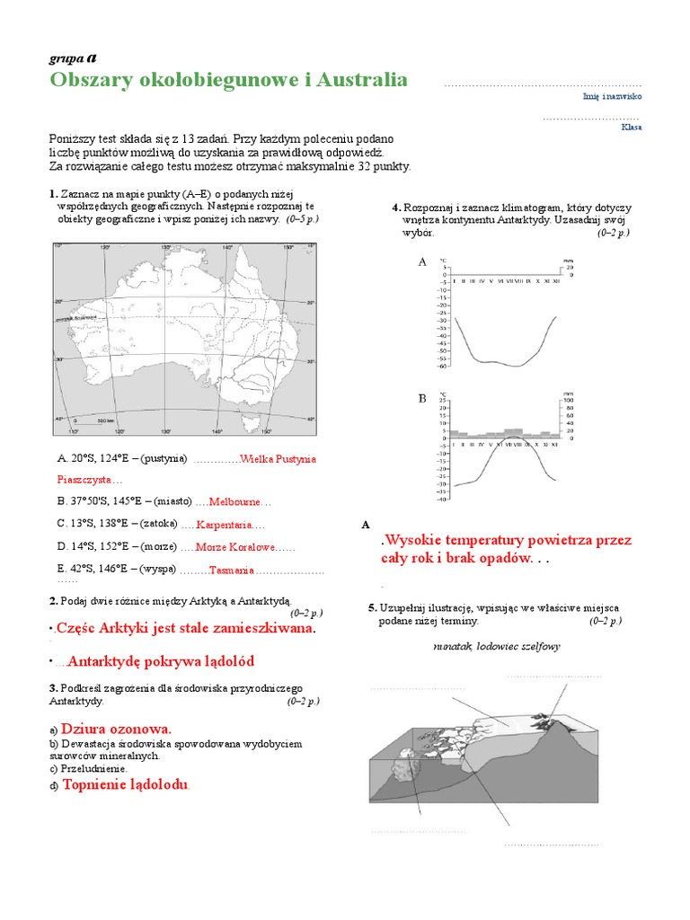 Sprawdzian Geografia Klasa 8 Ameryka Północna I Południowa Nowa Era geografija spr Antarktyda, Australia