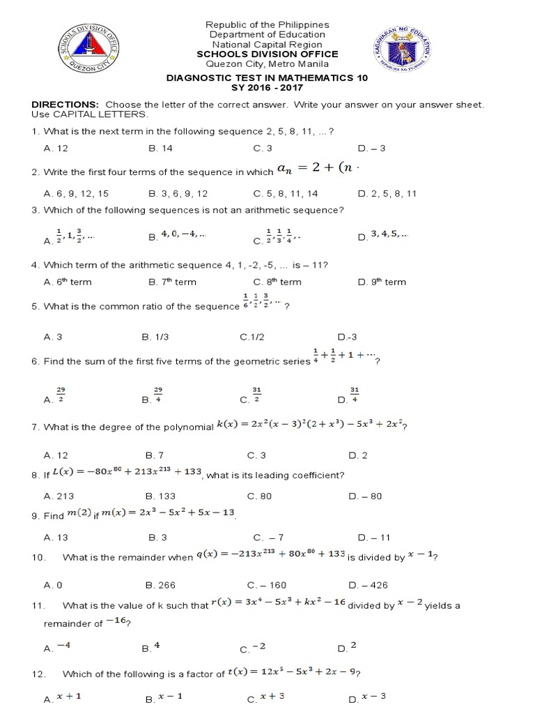 Grade 10 Mathematics Diagnostic Test | PDF | Circle | Percentile