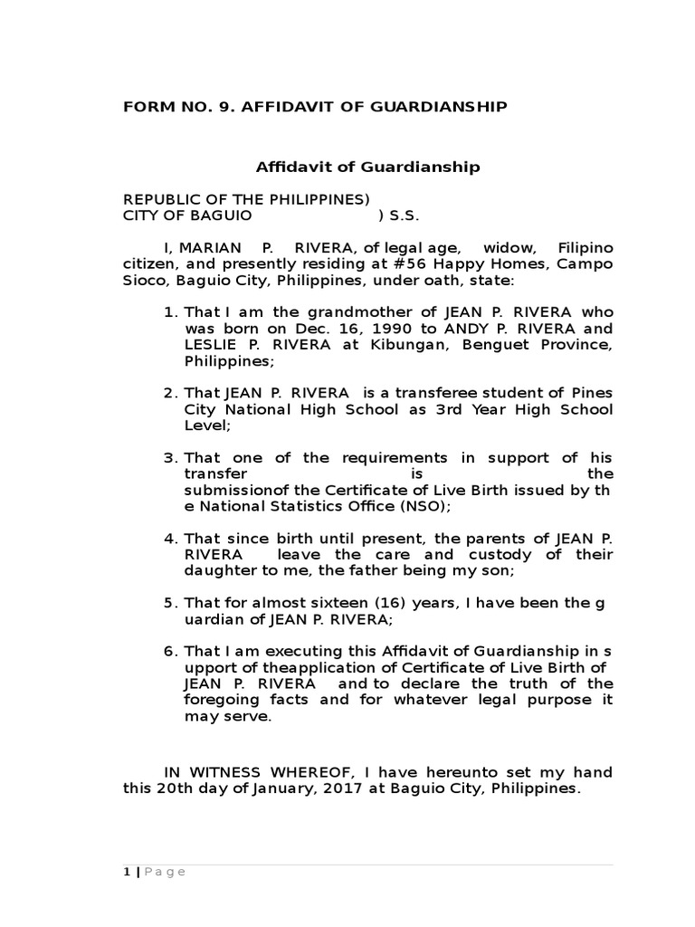 Affidavit of Guardianship in Baguio | PDF