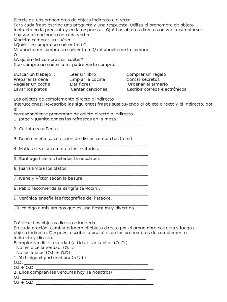 Ejercicios de pronombres directos e indirectos | PDF | Objeto ...