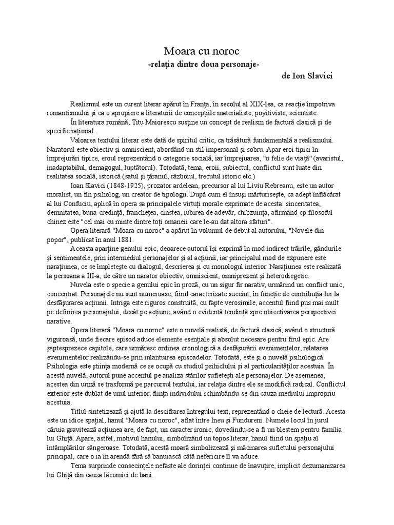 Moara Cu Noroc Relatia Dintre Personaje Moara Cu Noroc Relatia Dintre Doua Personaje | PDF
