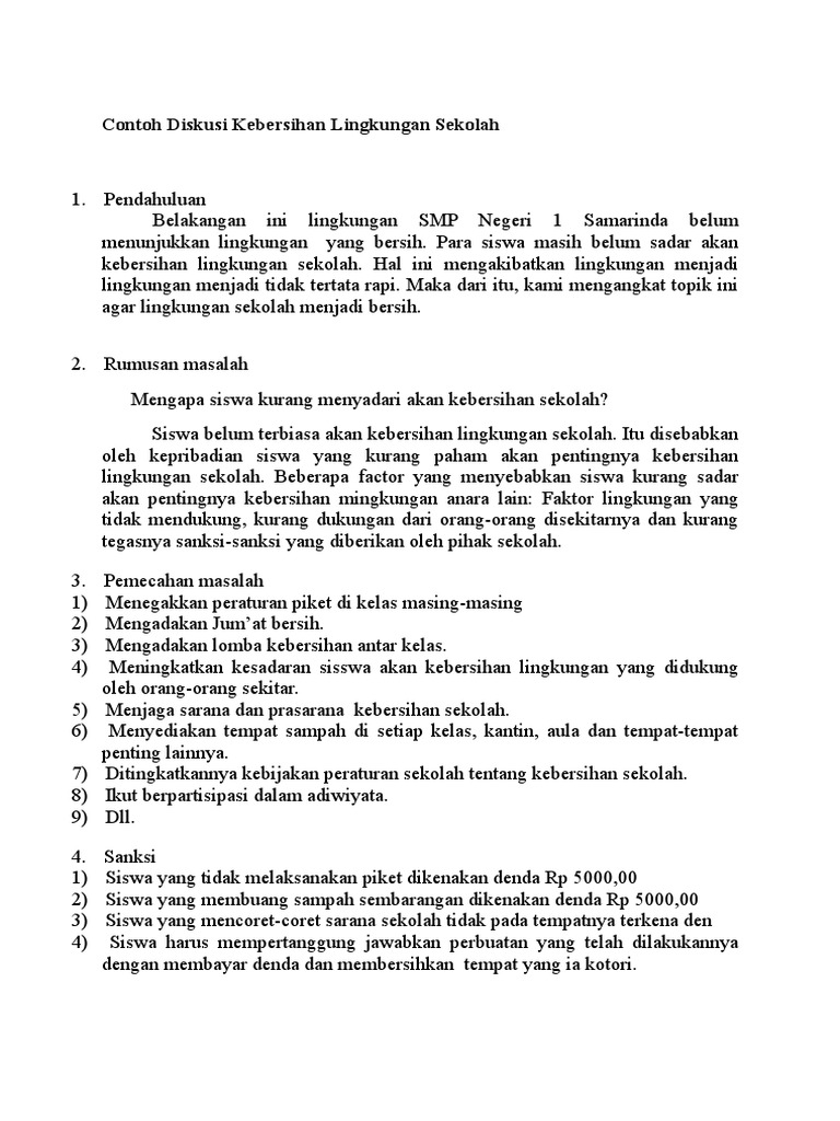 Contoh Diskusi Kebersihan Lingkungan Sekolah Slf Punya Ku