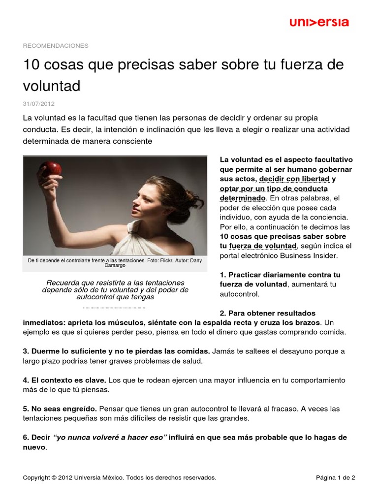 10 Cosas Precisas para La Fuerza de Voluntad PDF Bienestar Medicina