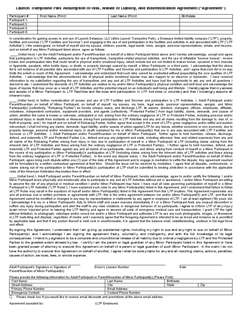Launch Trampoline Park Waiver Download Free PDF Indemnity Mediation