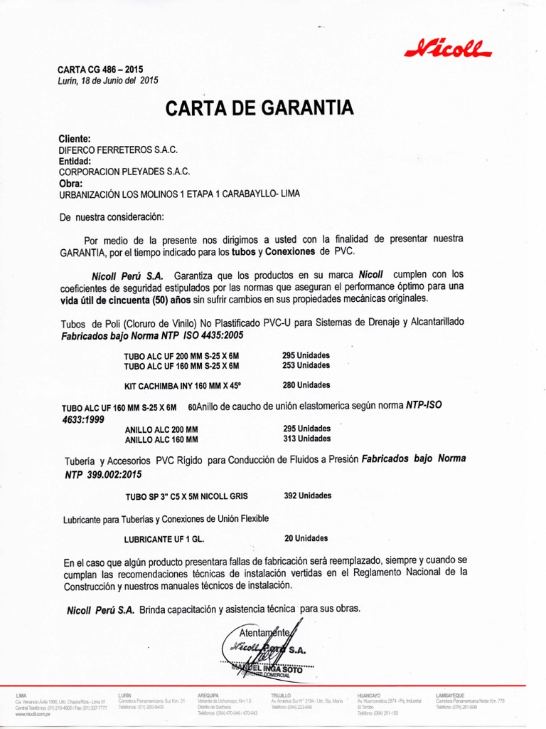 Carta de Garantia Tubos Proveedor Diferco Ferreterol | Química | Productos quimicos | Prueba ...