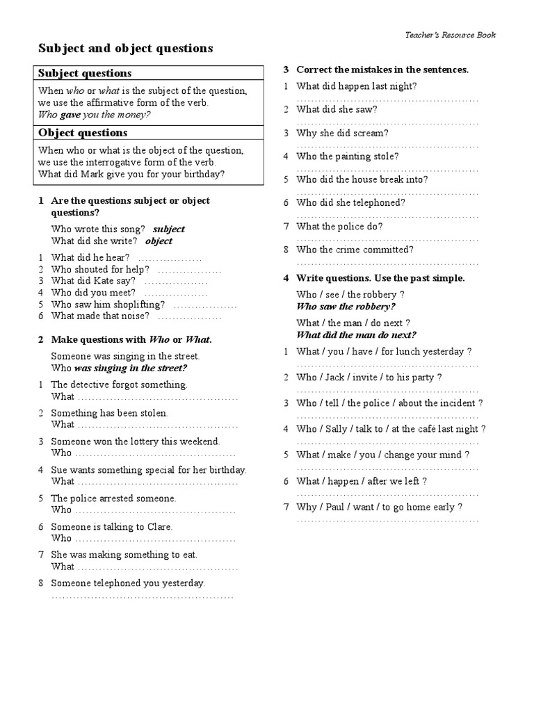 Subject and Object Questions | PDF | Games & Activities | Home & Garden