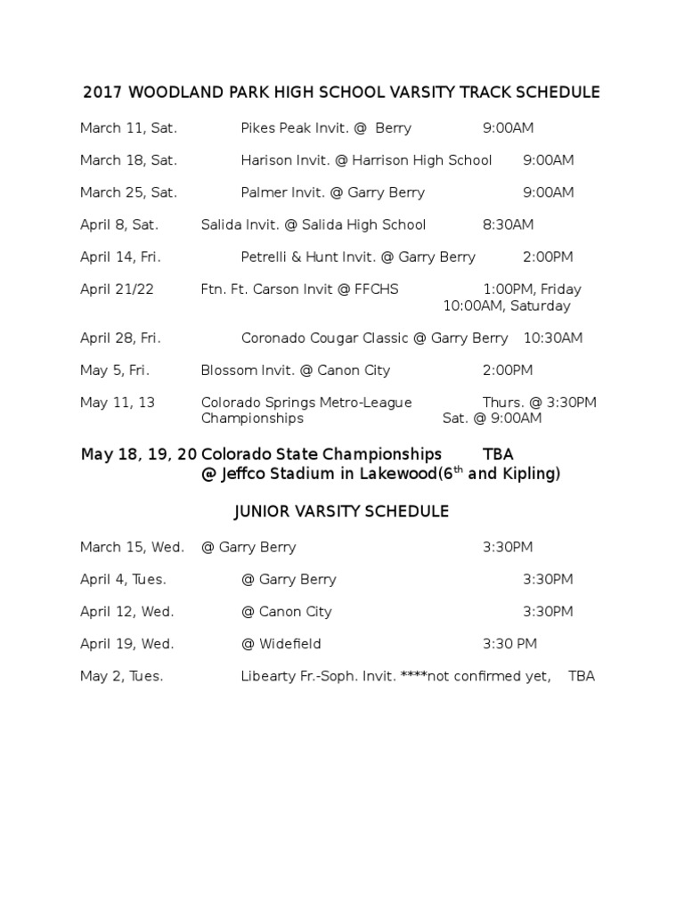 2017 Woodland Park High School Track Schedule PDF