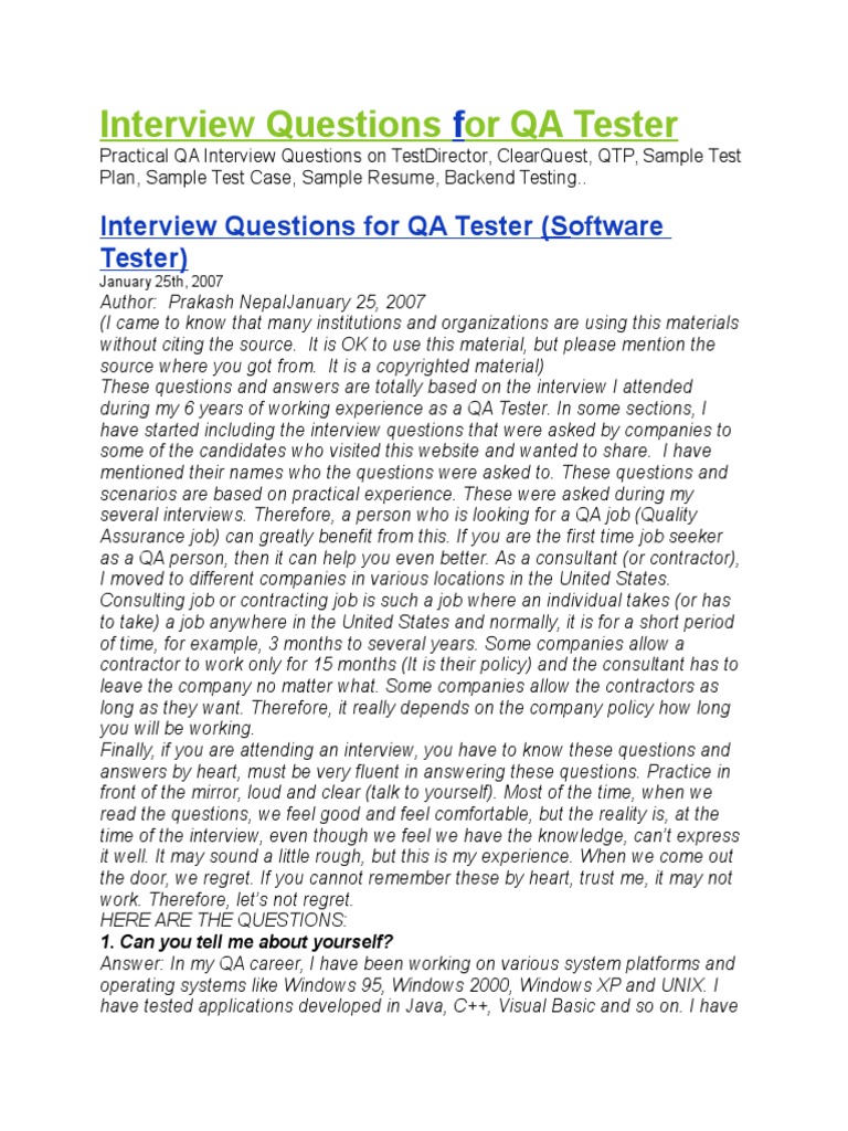 Interview Questions For Qa Tester Pdf Software Testing Software Bug
