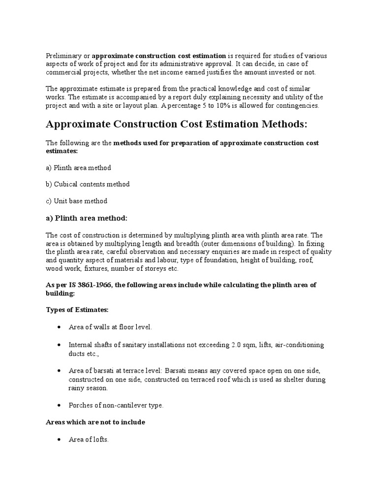 Preliminary Or Approximate Construction Cost Estimation Volume Building