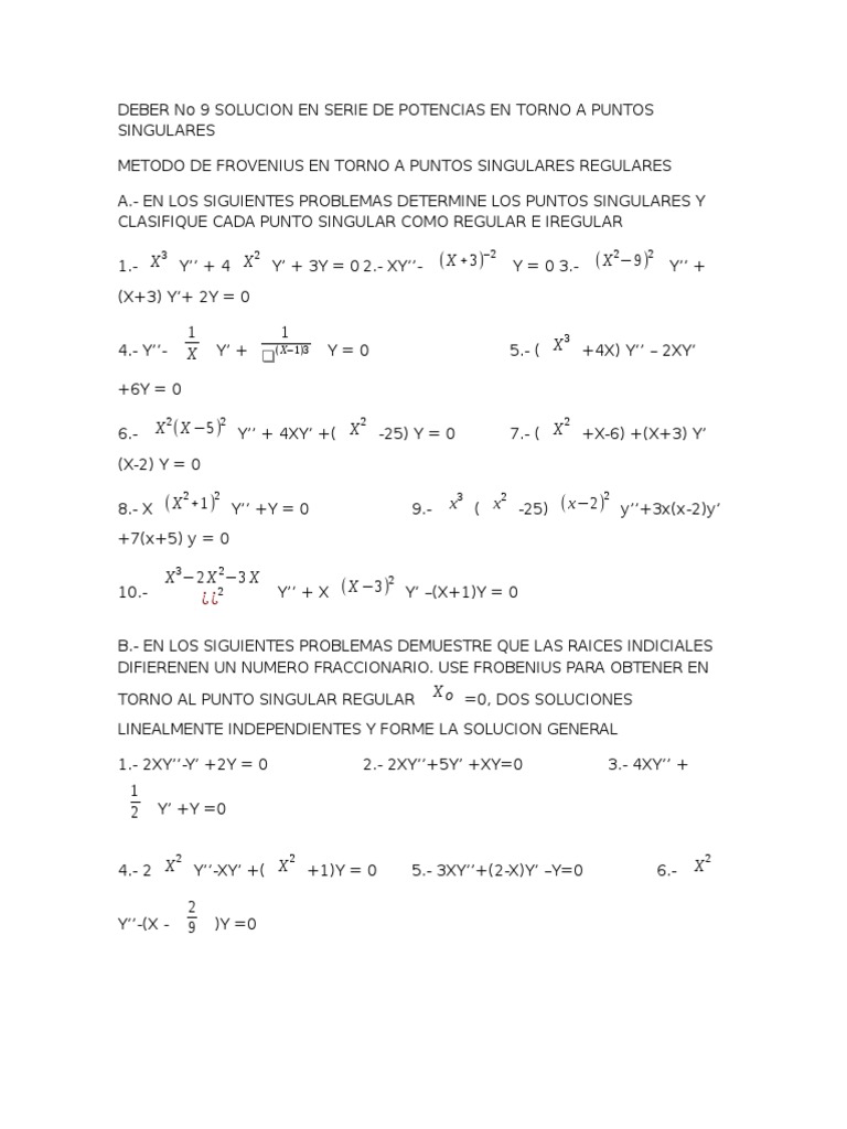 Deber No 9 Solucion En Serie De Potencias En Torno A Puntos Singulares Pdf Ensenanza De Matematica