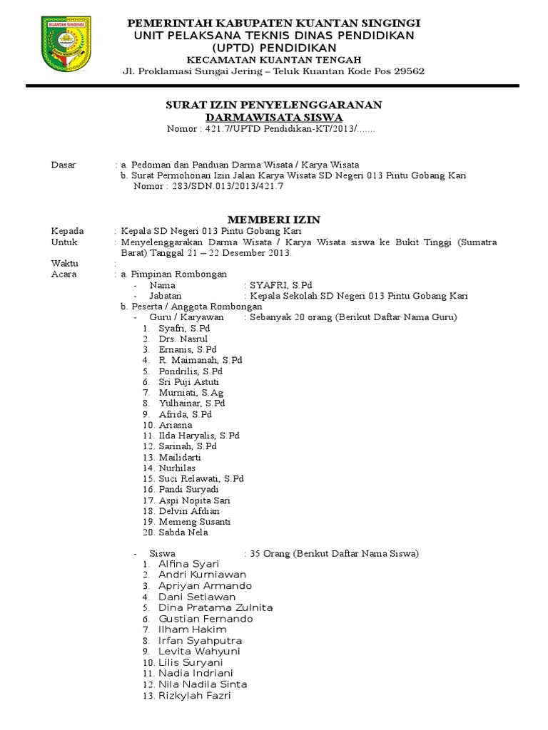 Surat Izin Karya Wisata Ke Dinas Pendidikan Terkait