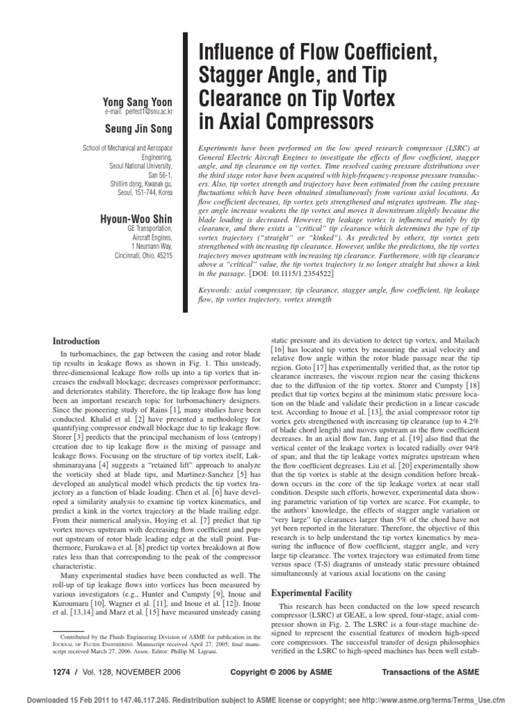 Influence of Flow Coefficient Stagger Angle and Tip Clearance On Tip ...