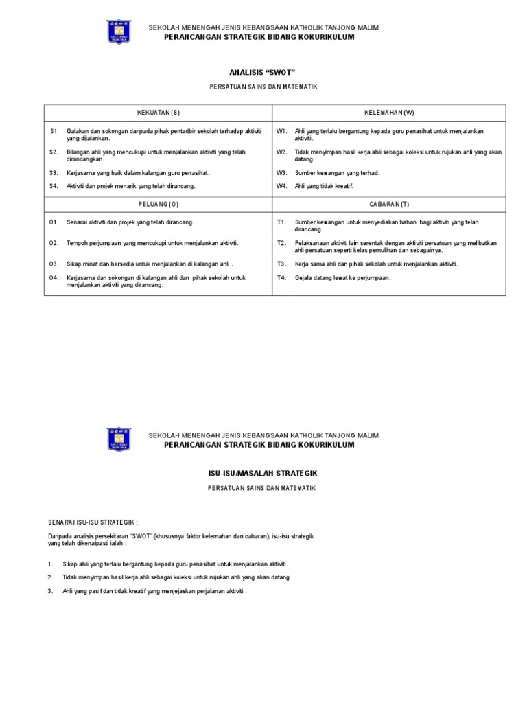 Analisisi Swot Perancangan Strategik Persatuan Sains Dan Matematik Pdf