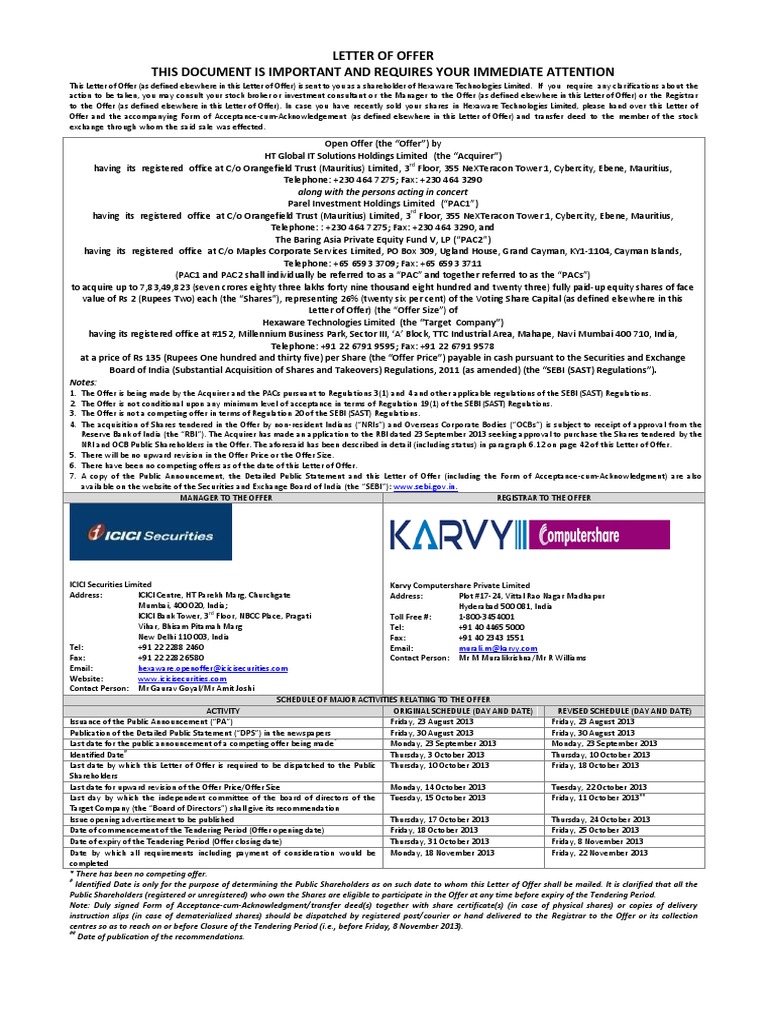Hexaware Technologies Offer Letter | PDF | Takeover | Stocks