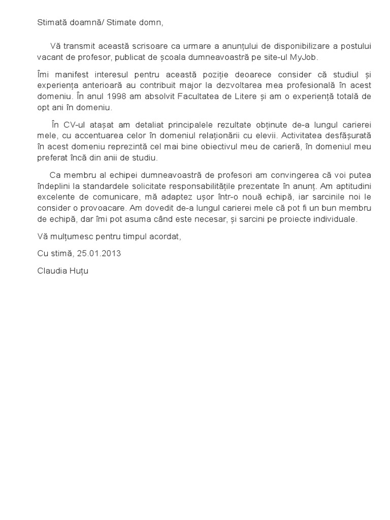 Model Scrisoare de Intentie Profesor