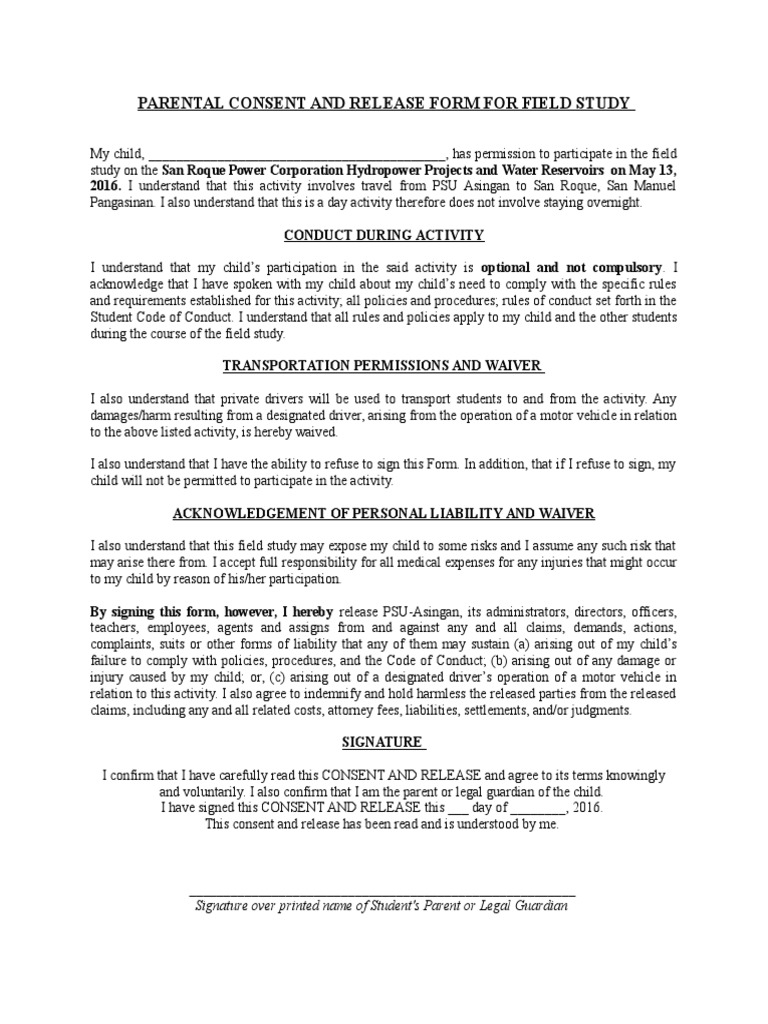 Parental Consent and Release Form For Field Study: Signature Over ...