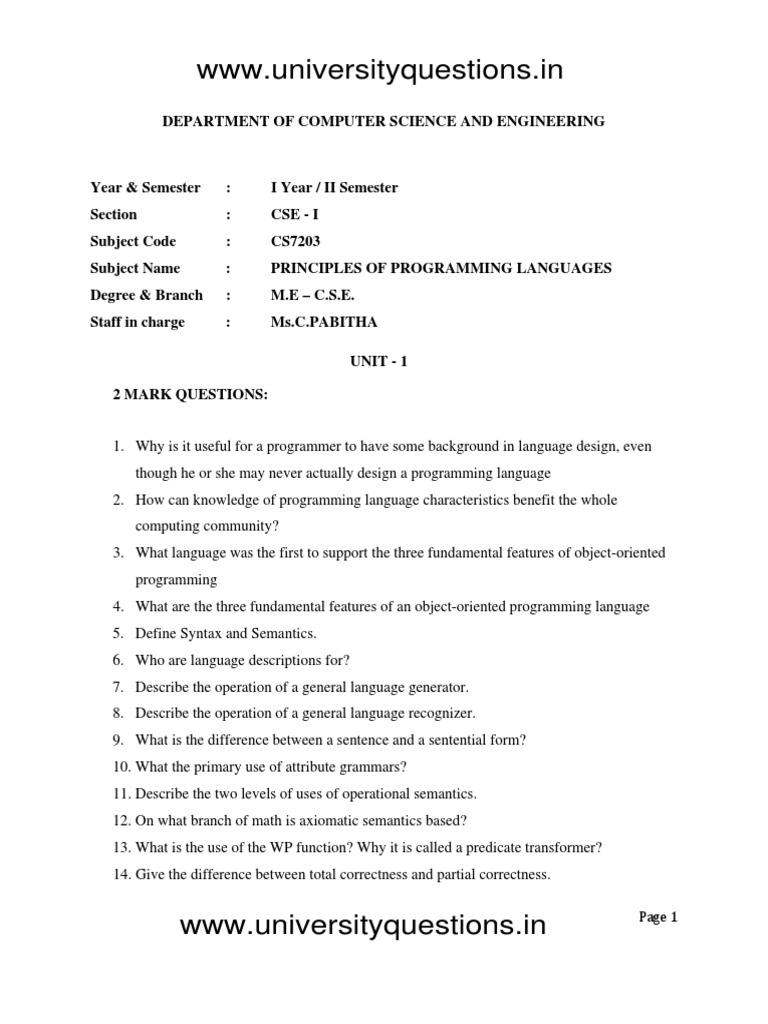 CP7203 PrinciplesofProgrammingLanguagequestionbank | PDF | Subroutine | C++