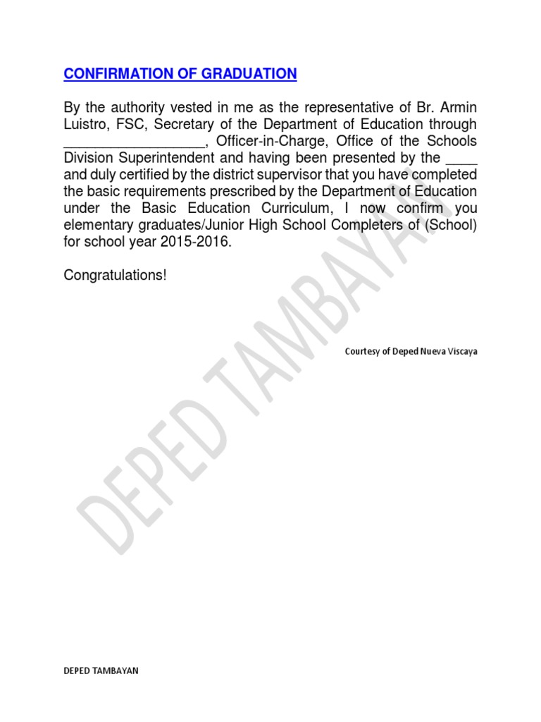 Confirmation of graduation courtesy of deped nueva viscaya pdf