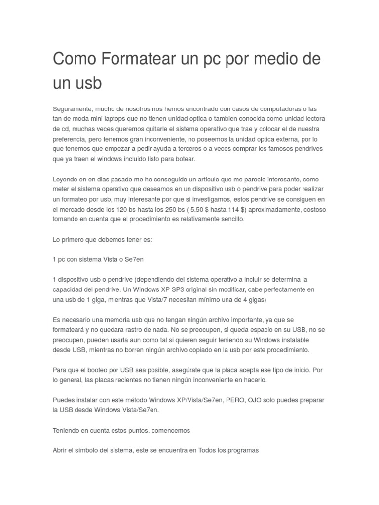 Formatear PC desde USB: Guía Rápida | PDF | Memoria USB | Microsoft Windows