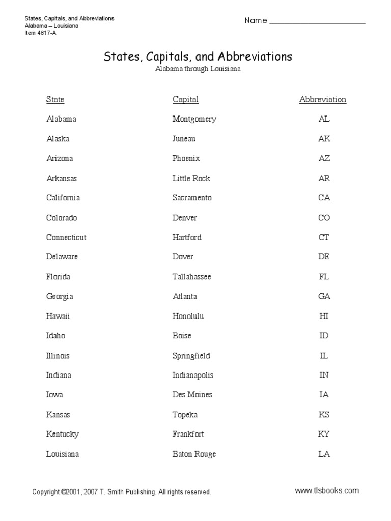 States Capitals Abbreviations Us State The United States