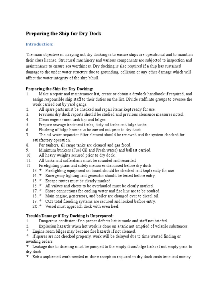 Dry Dock Preparation Checklist | PDF | Ships | Oil Tanker