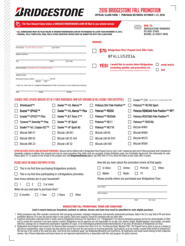 Bridgestone Nfl Rebate Form 16 Stored Value Card Debit Card