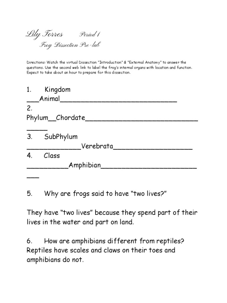 Frogdissectionpre Lablily  PDF  Frog  Amphibian In Frog Dissection Worksheet Answer Key