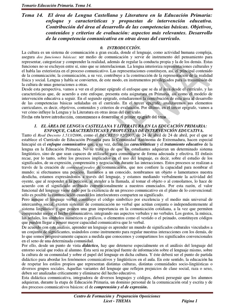 Tema 14 Primaria PDF | PDF | Educación primaria | Comunicación