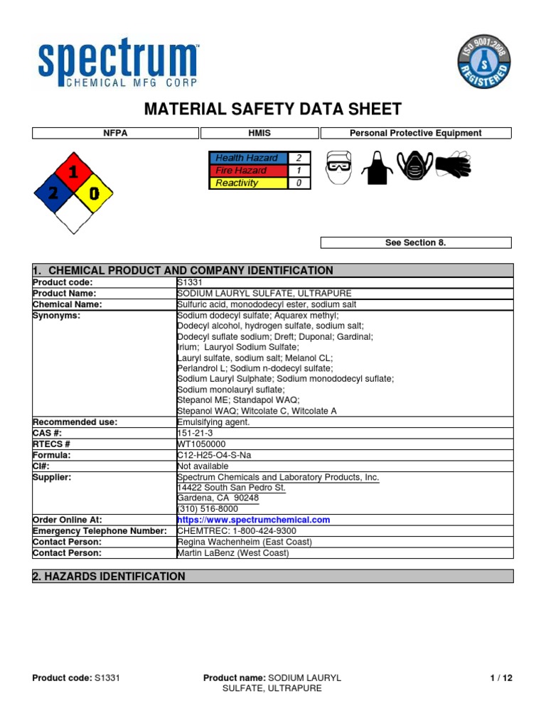 Msds Sodium Dodecyl Sulfate Sodium Dodecyl Sulfate Dangerous Goods