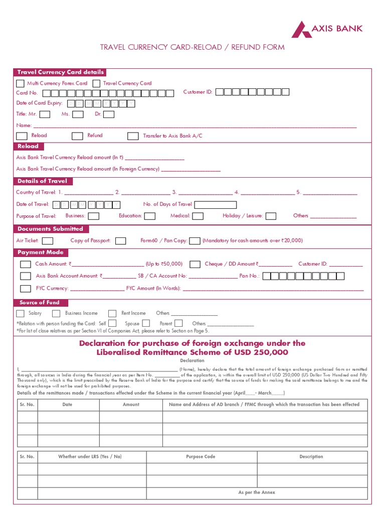 Travel Currency Card Reload Form 3 Banks Foreign Exchange Market - 