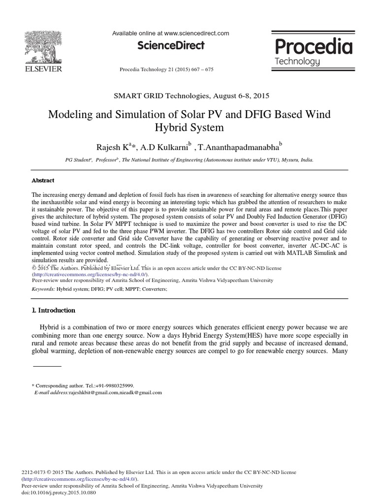 Modeling and Simulation of Solar PV and DFIG Based Wind Hybrid System ...