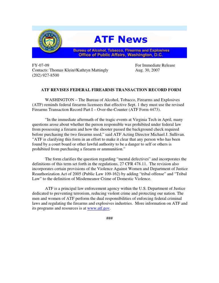 Revised ATF Firearms Transaction Form | PDF | Politics | Social Science