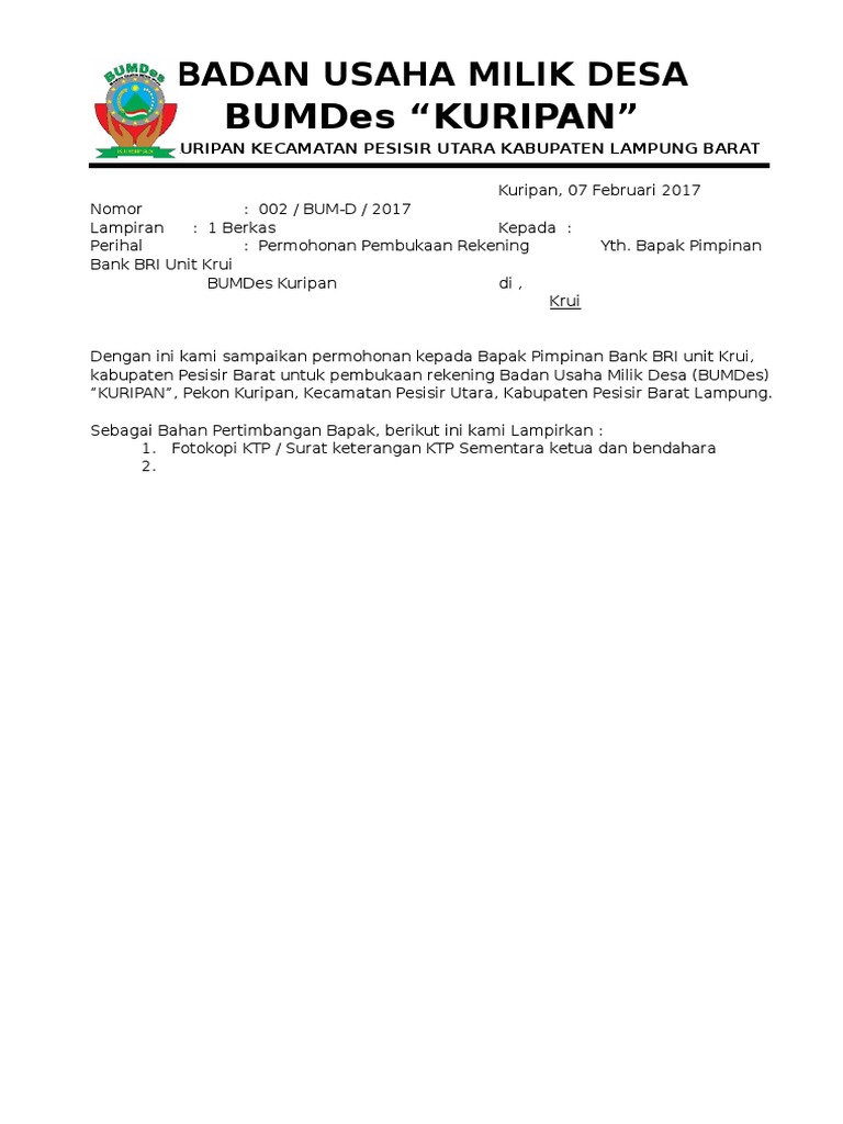 Surat Permohonan Pembukaan Rekening