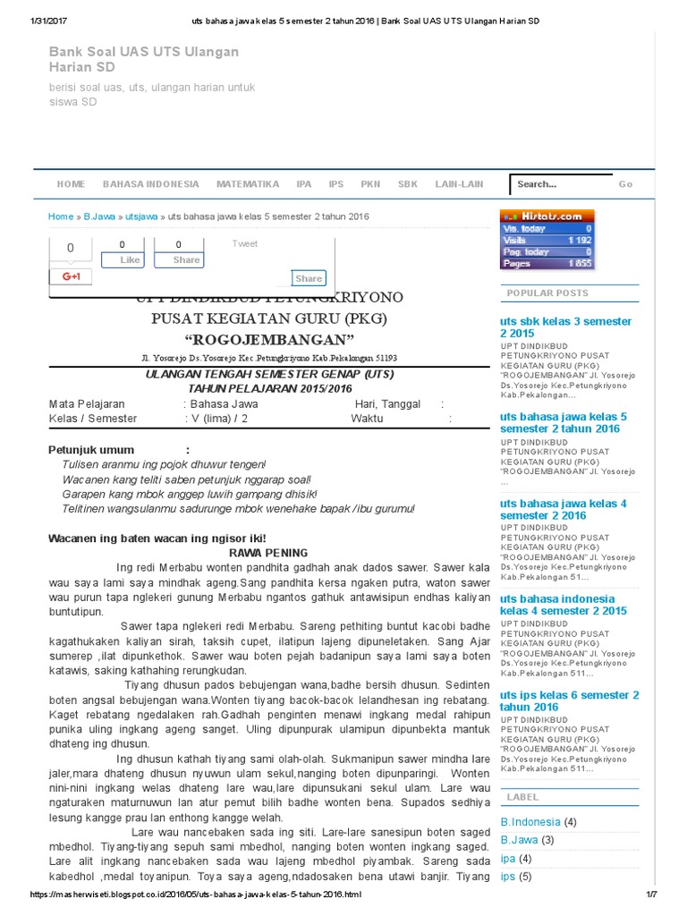 Materi Bahasa Jawa Kelas 5 Semester 1 K13 Guru Galeri