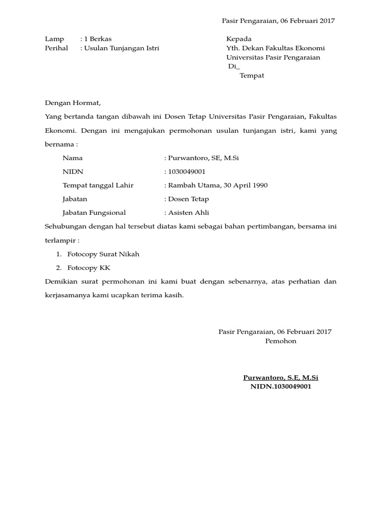 Contoh Surat Pengajuan Tunjangan Istri | PDF