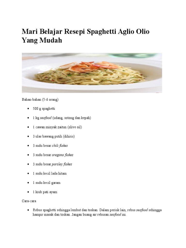 Resepi Spaghetti Aglio Olio Seafood yang Ringkas dan Sedap PDF