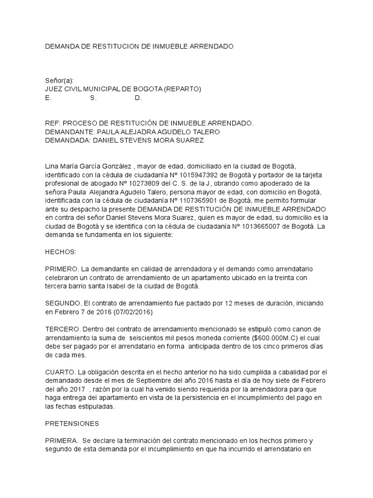 Modelo Demanda Restitución de Bien Inmueble Arrendado | PDF | Alquiler ...