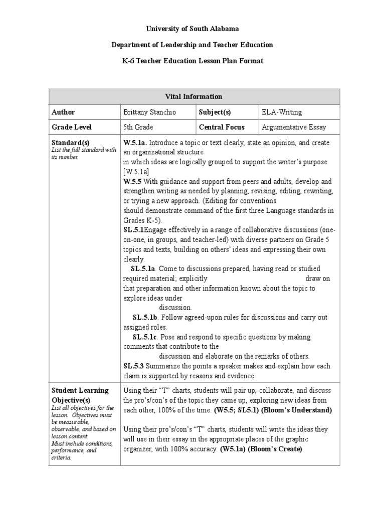 5th Grade Argumentative Essay Lesson Plan | PDF | Essays | Educational ...