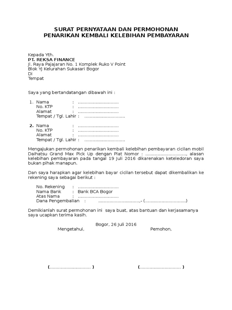 Surat Permohonan Pengembalian Kelebihan Pembayaran Kredit Pdf