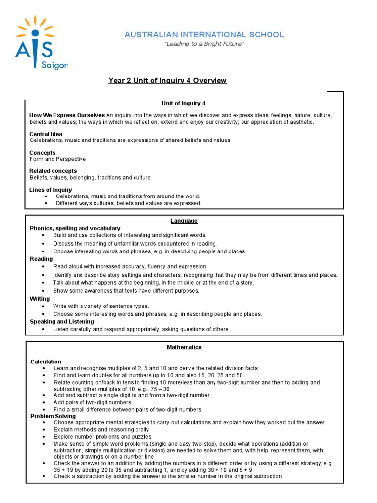 Uoi 4 Overview Y2tdtt 2016-17 | PDF | Reading (Process) | Subtraction