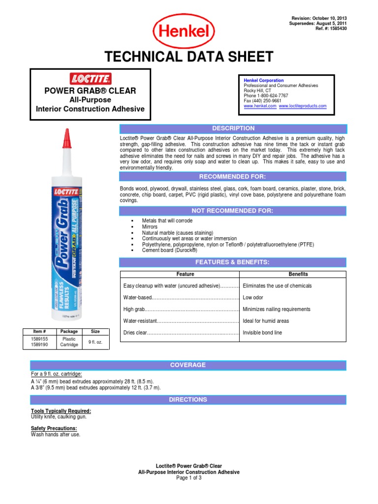 Technical Data Sheet Power Grab® Clear Adhesive Drywall