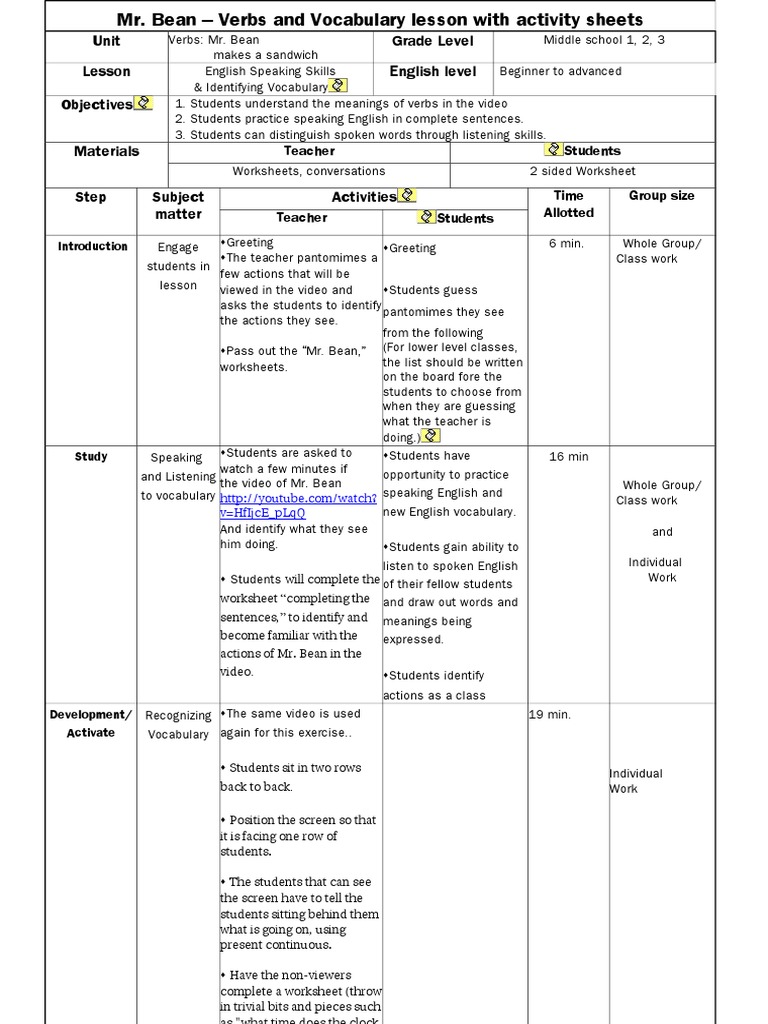 Verbs and Vocabulary With MR Bean Lesson Plan and Activity Sheets PDF English Language