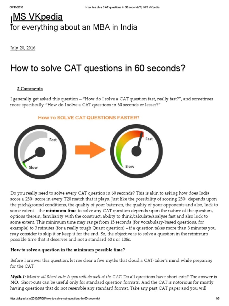 How To Solve CAT Questions in 60 Seconds IMS VKpedia | PDF | Reading ...