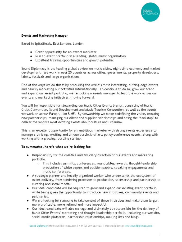 Sound Diplomacy Events and Marketing Manager PDF Social Media