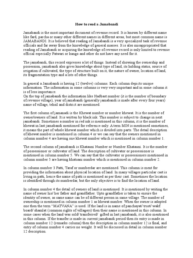 Understanding Jamabandi Records | PDF | Ownership | Law And Economics