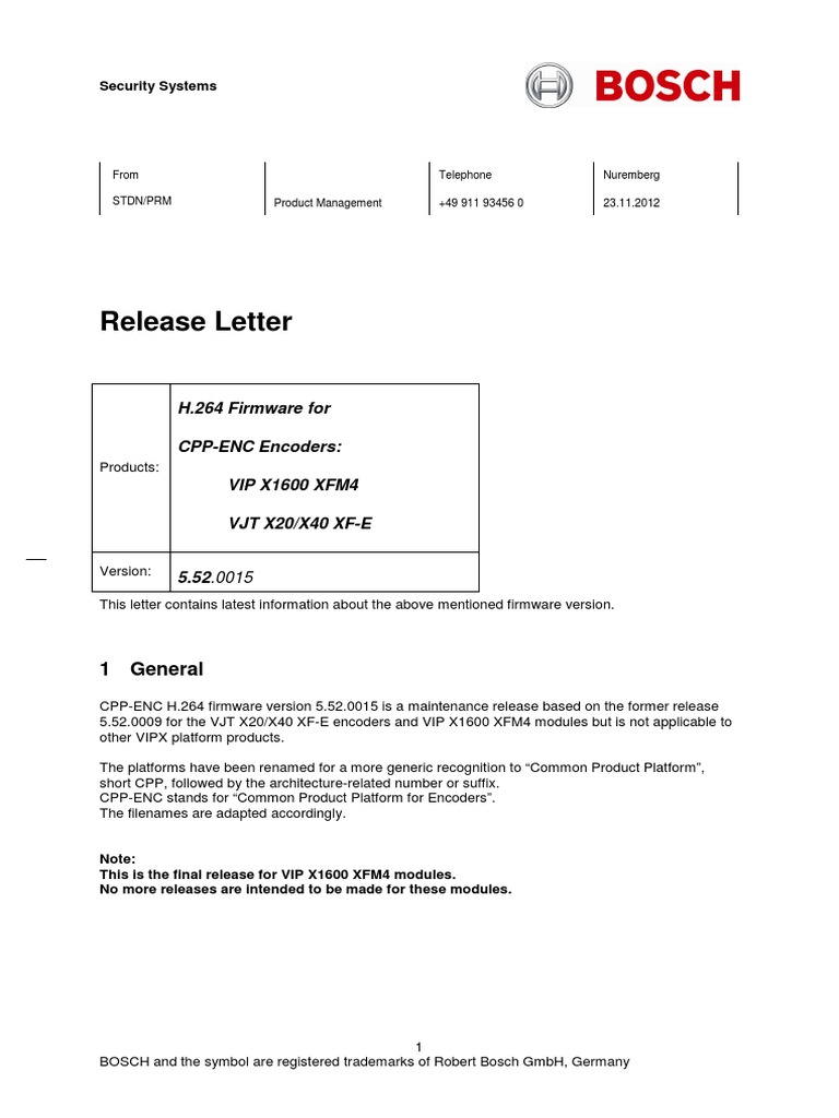 Bosch Releaseletter CPP-EnC H.264 FW 5.52.0015 | PDF | File Transfer ...