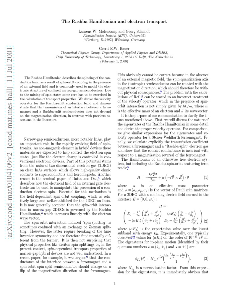 The Rashba Hamiltonian and Electron Transport | PDF | Spin (Physics ...