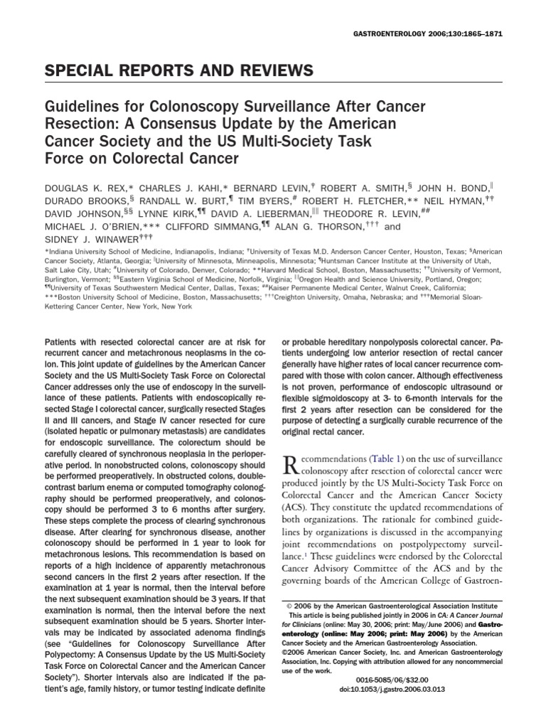 Guidelines for Colonoscopy Surveillance After Cancer Colorectal