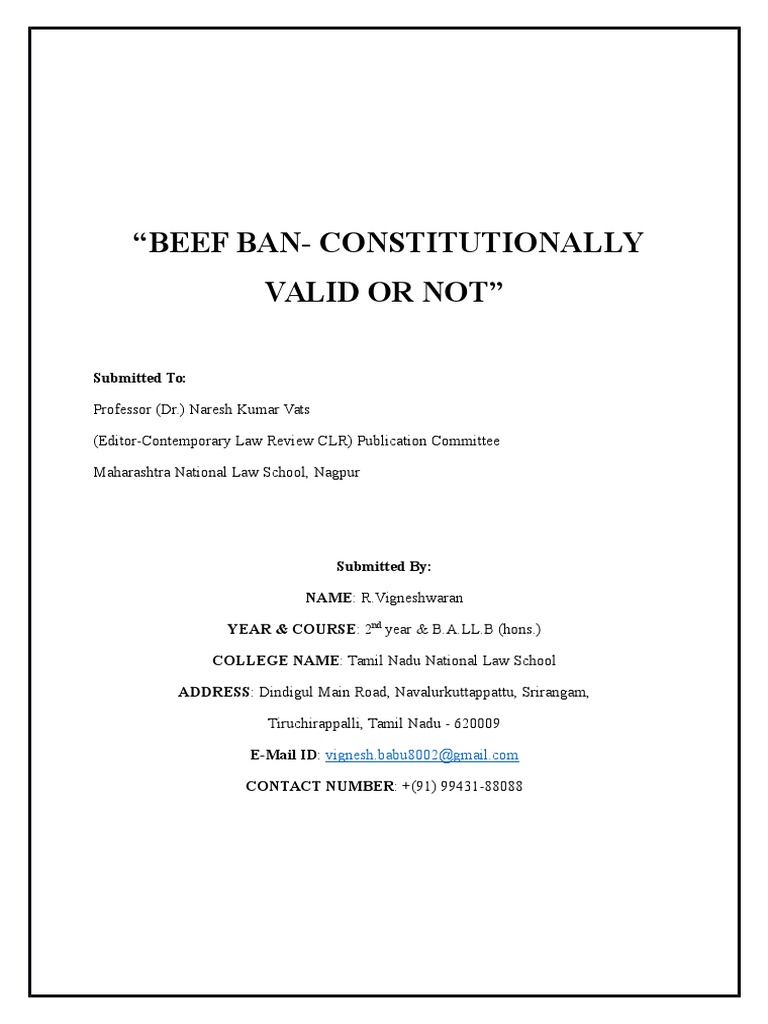 "Beef BanConstitutionally Valid or Not" Submitted To PDF Cattle