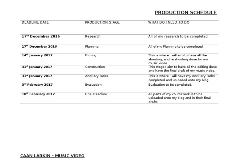 Music Video Production Schedule | PDF | Language Arts & Discipline | Art